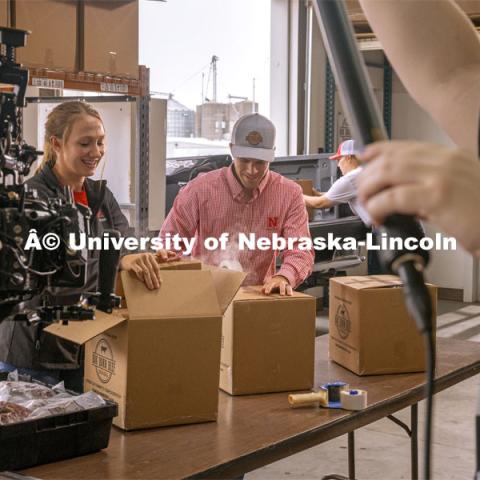 Videoing Oak Barn Beef in Westpoint, Nebraska. Behind the scenes photo for the university's new "Home Again" national advertisement. June 27, 2024. Photo by Kristen Labadie / University Communication.   